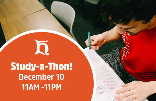 A studen studying with the following text: "Study-a-Ton! December 10, 11AM - 11PM"